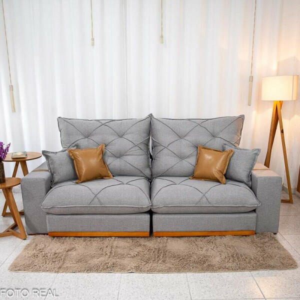 Sof Retrtil Reclinvel Malibu 2.50m Linho Cinza 1008 - D33 e Molas Ensacadas