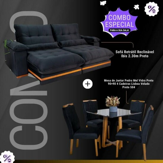 Combo - Sofá Retrátil Ibis 2.30m Veludo Preto 820 + Mesa Pedro Mel