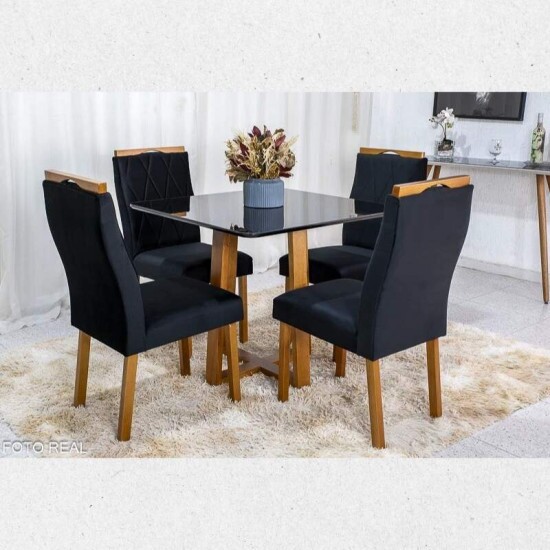 Combo - Sof� Retr�til Ibis 2.30m Veludo Preto 820 + Mesa Pedro Mel Tampo Vidro Preto 90�90 4 Cad. Lisboa Veludo Preto 504