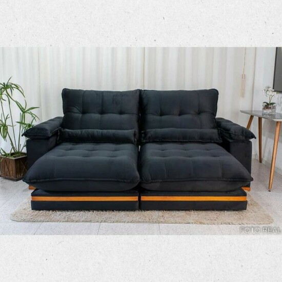 Combo - Sof� Retr�til Ibis 2.30m Veludo Preto 820 + Mesa Pedro Mel Tampo Vidro Preto 90�90 4 Cad. Lisboa Veludo Preto 504