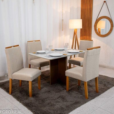 Mesa de Jantar Moscou 120x80 Cinamomo/Vidro Off + 4 Cad. Atlanta Linho Bege Cru Madeira Macia Minas Plac - Entregue Montada