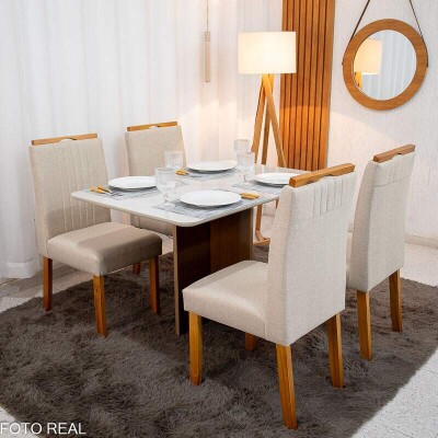 Mesa de Jantar Moscou 120x80 Cinamomo/Vidro Off + 4 Cad. Atlanta Linho Bege Cru Madeira Macia Minas Plac - Entregue Montada