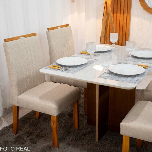 Mesa de Jantar Moscou 120x80 Cinamomo/Vidro Off + 4 Cad. Atlanta Linho Bege Cru Madeira Macia Minas Plac - Entregue Montada