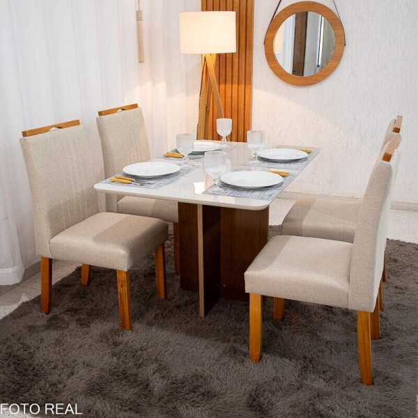 Mesa de Jantar Moscou 120x80 Cinamomo/Vidro Off + 4 Cad. Atlanta Linho Bege Cru Madeira Macia Minas Plac - Entregue Montada