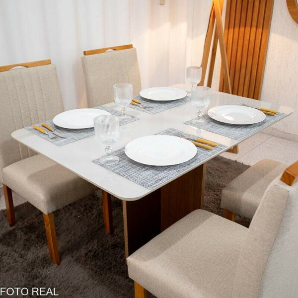 Mesa de Jantar Moscou 120x80 Cinamomo/Vidro Off + 4 Cad. Atlanta Linho Bege Cru Madeira Macia Minas Plac - Entregue Montada