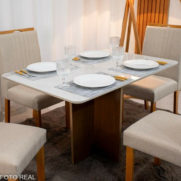 Mesa de Jantar Moscou 120x80 Cinamomo/Vidro Off + 4 Cad. Atlanta Linho Bege Cru Madeira Macia Minas Plac - Entregue Montada
