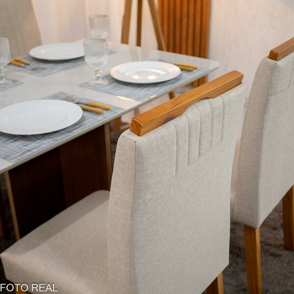 Mesa de Jantar Moscou 120x80 Cinamomo/Vidro Off + 4 Cad. Atlanta Linho Bege Cru Madeira Macia Minas Plac - Entregue Montada