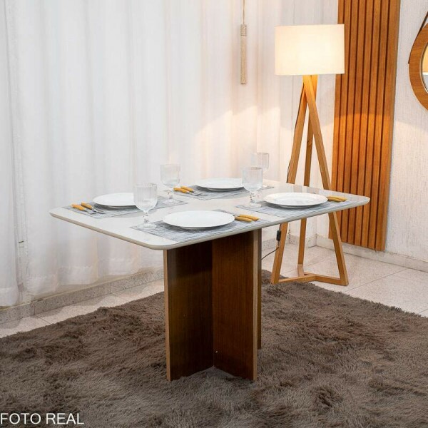 Mesa de Jantar Moscou 120x80 Cinamomo/Vidro Off + 4 Cad. Atlanta Linho Bege Cru Madeira Macia Minas Plac - Entregue Montada