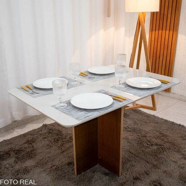 Mesa de Jantar Moscou 120x80 Cinamomo/Vidro Off + 4 Cad. Atlanta Linho Bege Cru Madeira Macia Minas Plac - Entregue Montada