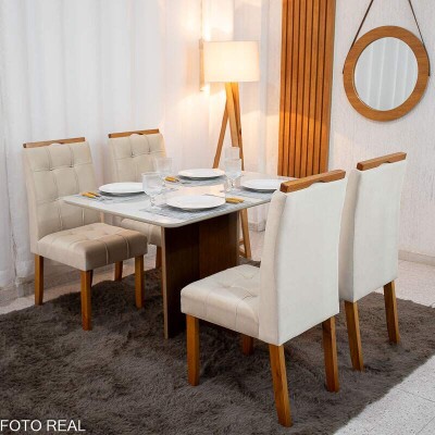 Mesa de Jantar Moscou 120x80 Cinamomo/Vidro Off + 4 Cad. Londres Veludo Avel Madeira Macia Minas Plac - Entregue Montada