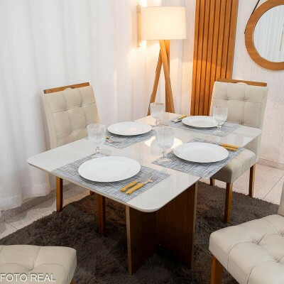 Mesa de Jantar Moscou 120x80 Cinamomo/Vidro Off + 4 Cad. Londres Veludo Avel Madeira Macia Minas Plac - Entregue Montada