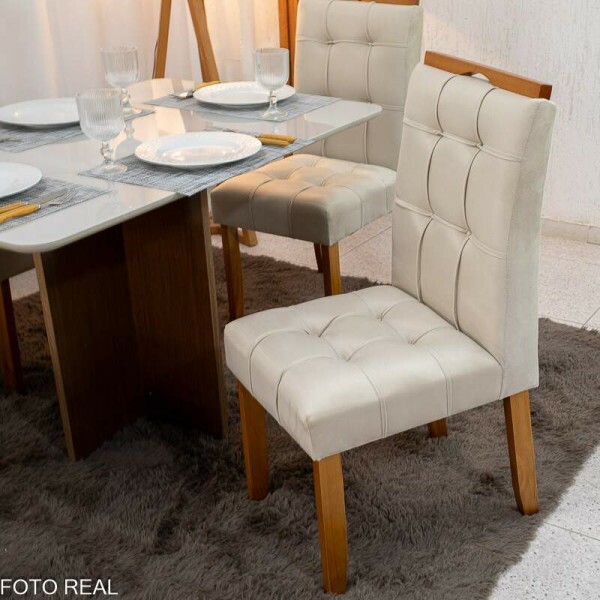 Mesa de Jantar Moscou 120x80 Cinamomo/Vidro Off + 4 Cad. Londres Veludo Avel Madeira Macia Minas Plac - Entregue Montada