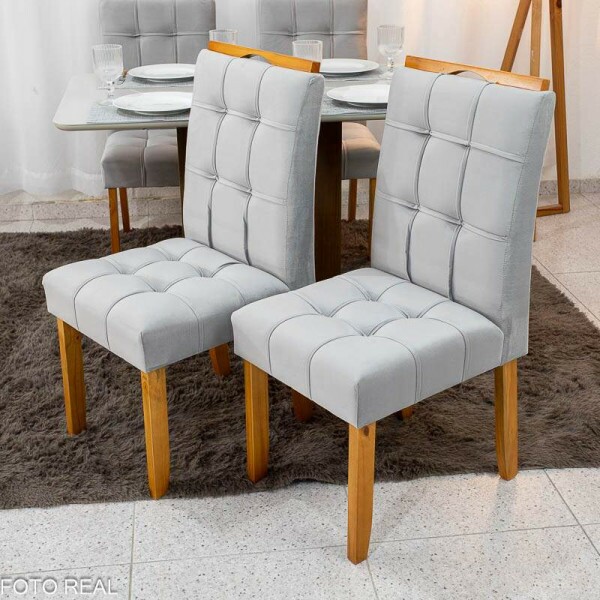 Mesa de Jantar Moscou 120x80 Vidro Off/Base Cinamomo + 4 Cad. Londres Veludo Prata Madeira Minas Plac - Entregue Montada