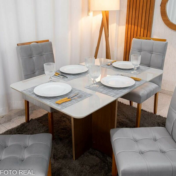 Mesa de Jantar Moscou 120x80 Vidro Off/Base Cinamomo + 4 Cad. Londres Veludo Prata Madeira Minas Plac - Entregue Montada