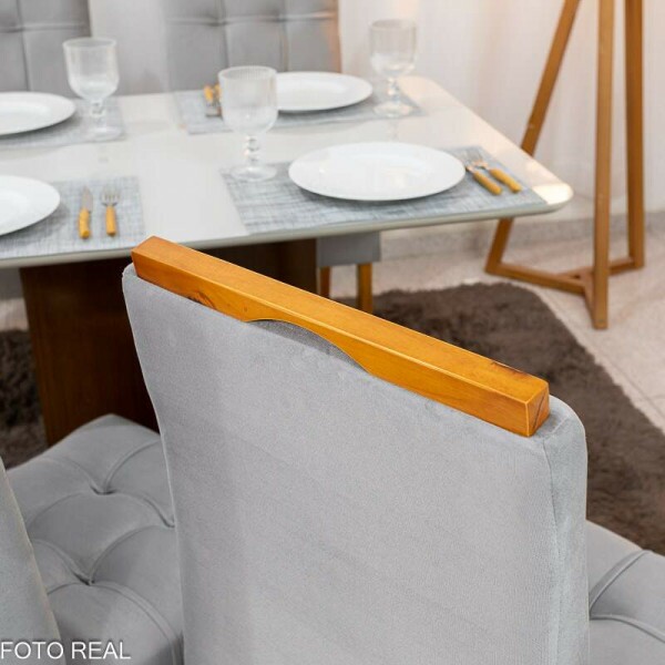 Mesa de Jantar Moscou 120x80 Vidro Off/Base Cinamomo + 4 Cad. Londres Veludo Prata Madeira Minas Plac - Entregue Montada