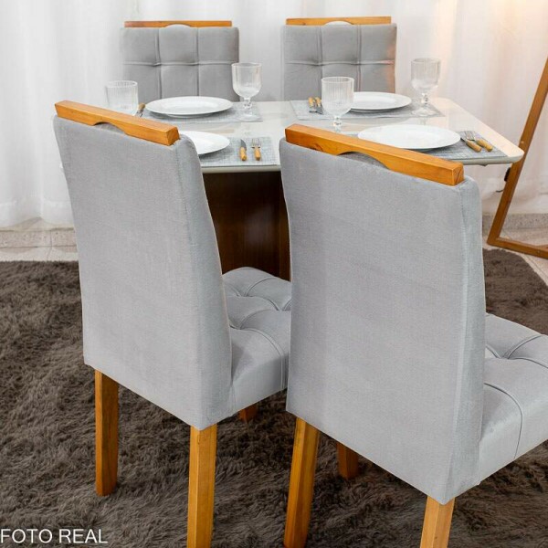 Mesa de Jantar Moscou 120x80 Vidro Off/Base Cinamomo + 4 Cad. Londres Veludo Prata Madeira Minas Plac - Entregue Montada