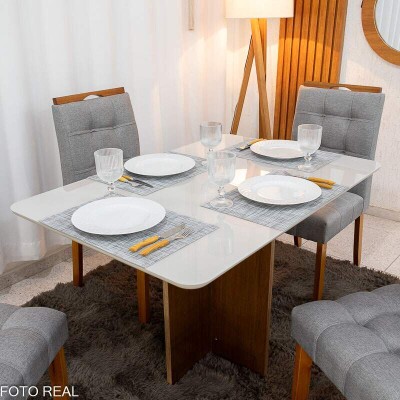 Mesa de Jantar Moscou 120x80 Vidro Off/Base Cinamomo + 4 Cad. Londres Linho Cinza Madeira Minas Plac - Entregue Montada