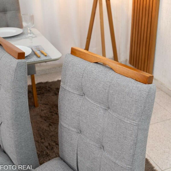 Mesa de Jantar Moscou 120x80 Vidro Off/Base Cinamomo + 4 Cad. Londres Linho Cinza Madeira Minas Plac - Entregue Montada
