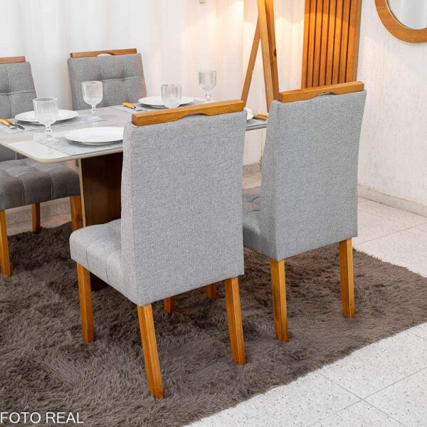 Mesa de Jantar Moscou 120x80 Vidro Off/Base Cinamomo + 4 Cad. Londres Linho Cinza Madeira Minas Plac - Entregue Montada