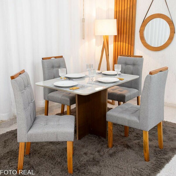 Mesa de Jantar Moscou 120x80 Vidro Off/Base Cinamomo + 4 Cad. Londres Linho Cinza Madeira Minas Plac - Entregue Montada