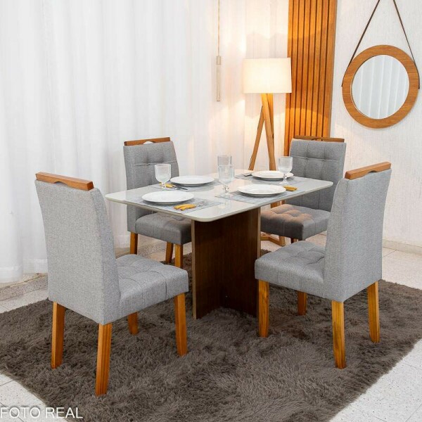 Mesa de Jantar Moscou 120x80 Vidro Off/Base Cinamomo + 4 Cad. Londres Linho Cinza Madeira Minas Plac - Entregue Montada