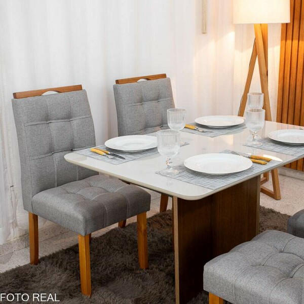 Mesa de Jantar Moscou 120x80 Vidro Off/Base Cinamomo + 4 Cad. Londres Linho Cinza Madeira Minas Plac - Entregue Montada