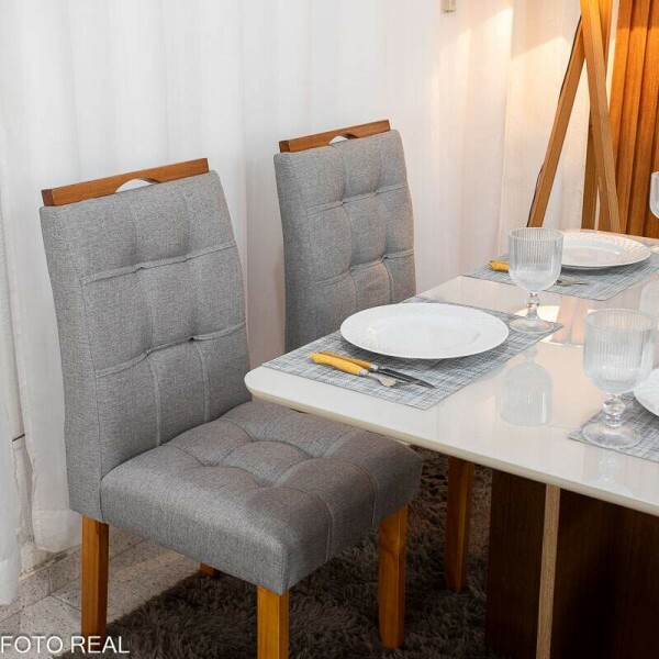 Mesa de Jantar Moscou 120x80 Vidro Off/Base Cinamomo + 4 Cad. Londres Linho Cinza Madeira Minas Plac - Entregue Montada