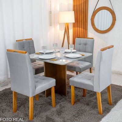 Mesa de Jantar Moscou 90x90 Vidro Off/Base Cinamomo + 4 Cad. Londres Veludo Prata Madeira Minas Plac - Entregue Montada