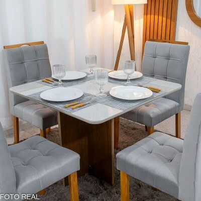 Mesa de Jantar Moscou 90x90 Vidro Off/Base Cinamomo + 4 Cad. Londres Veludo Prata Madeira Minas Plac - Entregue Montada