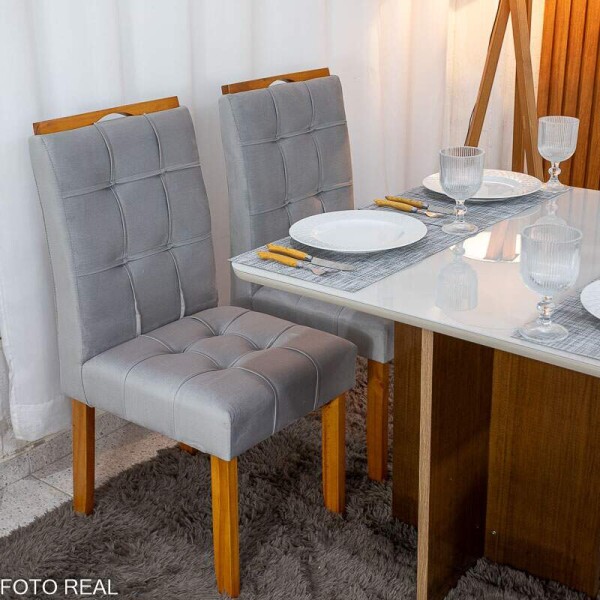 Mesa de Jantar Moscou 90x90 Vidro Off/Base Cinamomo + 4 Cad. Londres Veludo Prata Madeira Minas Plac - Entregue Montada