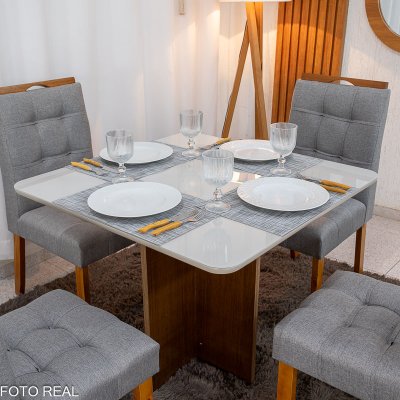 Mesa de Jantar Moscou 90x90 Vidro Off Base Cinamomo + 4 Cadeiras Londres Linho Cinza Minas Plac - Entregue Montada