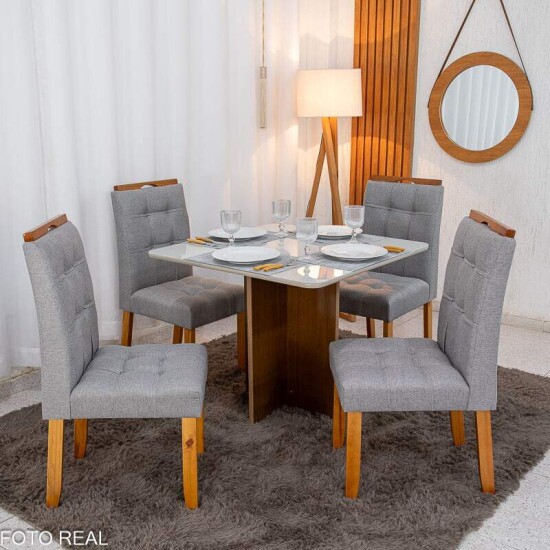 Mesa de Jantar Moscou 90x90 Vidro Off Base Cinamomo + 4 Cadeiras Londres Linho Cinza Minas Plac - Entregue Montada