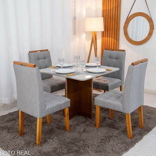 Mesa de Jantar Moscou 90x90 Vidro Off Base Cinamomo + 4 Cadeiras Londres Linho Cinza Minas Plac - Entregue Montada