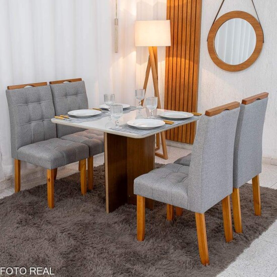 Mesa de Jantar Moscou 90x90 Vidro Off Base Cinamomo + 4 Cadeiras Londres Linho Cinza Minas Plac - Entregue Montada