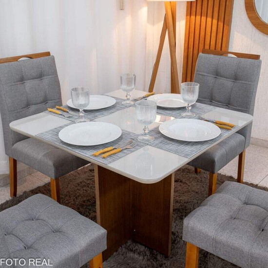Mesa de Jantar Moscou 90x90 Vidro Off Base Cinamomo + 4 Cadeiras Londres Linho Cinza Minas Plac - Entregue Montada