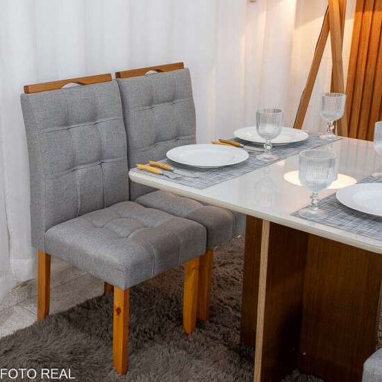 Mesa de Jantar Moscou 90x90 Vidro Off Base Cinamomo + 4 Cadeiras Londres Linho Cinza Minas Plac - Entregue Montada
