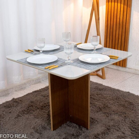 Mesa de Jantar Moscou 90x90 Vidro Off Base Cinamomo + 4 Cadeiras Londres Linho Cinza Minas Plac - Entregue Montada