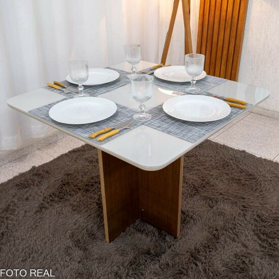 Mesa de Jantar Moscou 90x90 Vidro Off Base Cinamomo + 4 Cadeiras Londres Linho Cinza Minas Plac - Entregue Montada