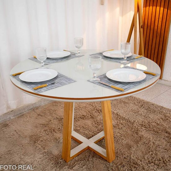 Mesa de Jantar Atlanta Redonda 120cm Vidro Off Base Madeira + 4 Cadeiras Atlanta Linho Bege Cru Minas Plac - Entregue Montada