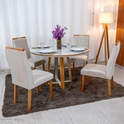 Mesa Atlanta Redonda 120cm Vidro Off/Base Madeira Minas Plac + 4 Cadeiras G�nova Veludo Bege 512 Madeira Art Assentos - Entregue Montada