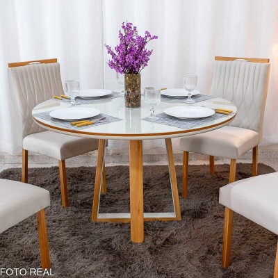 Mesa Atlanta Redonda 120cm Vidro Off/Base Madeira Minas Plac + 4 Cadeiras G�nova Veludo Bege 512 Madeira Art Assentos - Entregue Montada