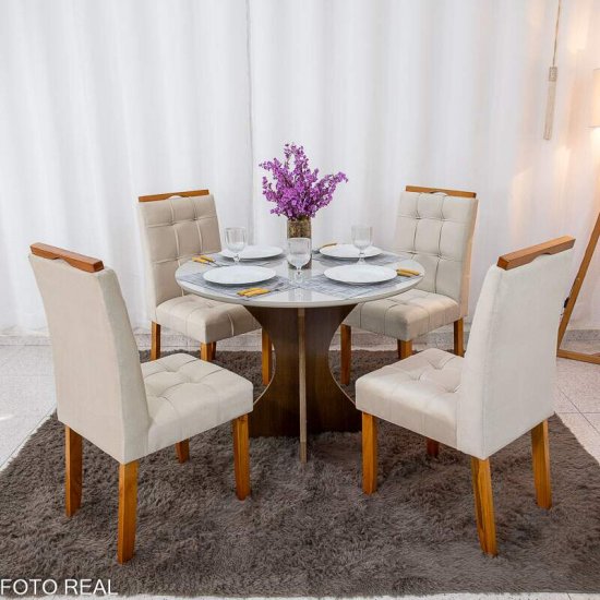 Mesa de Jantar Siena Redonda 100cm Vidro Off Base Cinamomo + 4 Cadeiras Londres Veludo Avel� Minas Plac - Entregue Montada