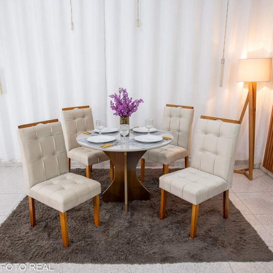 Mesa de Jantar Siena Redonda 100cm Vidro Off Base Cinamomo + 4 Cadeiras Londres Veludo Avel� Minas Plac - Entregue Montada