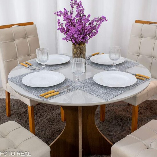 Mesa de Jantar Siena Redonda 100cm Vidro Off Base Cinamomo + 4 Cadeiras Londres Veludo Avel� Minas Plac - Entregue Montada