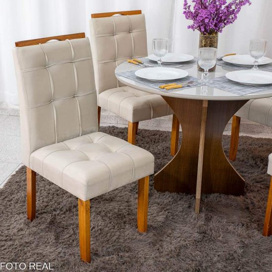 Mesa de Jantar Siena Redonda 100cm Vidro Off Base Cinamomo + 4 Cadeiras Londres Veludo Avel� Minas Plac - Entregue Montada