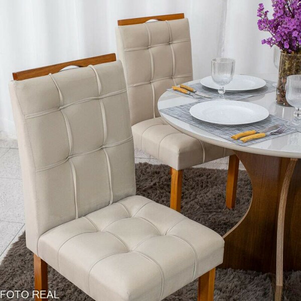 Mesa de Jantar Siena Redonda 100cm Vidro Off/Base Cinamomo + 4 Cad. Londres Veludo Avel Madeira Minas Plac - Entregue Montada