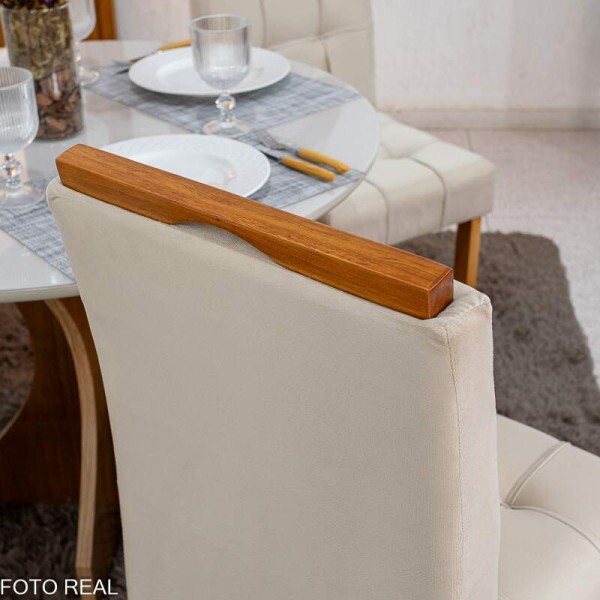 Mesa de Jantar Siena Redonda 100cm Vidro Off/Base Cinamomo + 4 Cad. Londres Veludo Avel Madeira Minas Plac - Entregue Montada