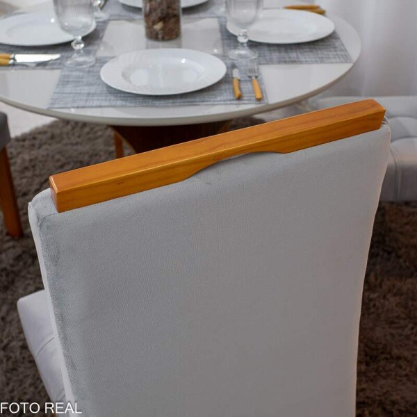 Mesa de Jantar Siena Redonda 100cm Vidro Off/Base Cinamomo + 4 Cad. Londres Veludo Prata Madeira Minas Plac - Entregue Montada