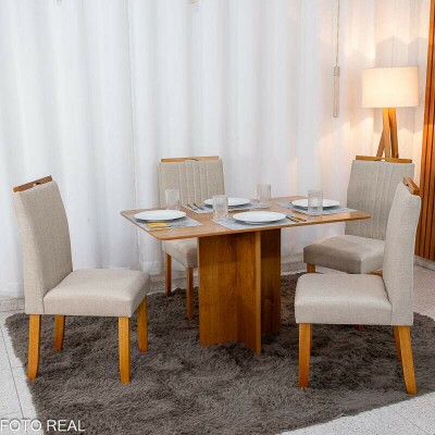 Mesa de Jantar Salina 120x80 Tampo Londres Cinamomo Cel Mveis + 4 Cad. Atlanta Linho Bege Cru Madeira Minas Plac - Entregue Montada