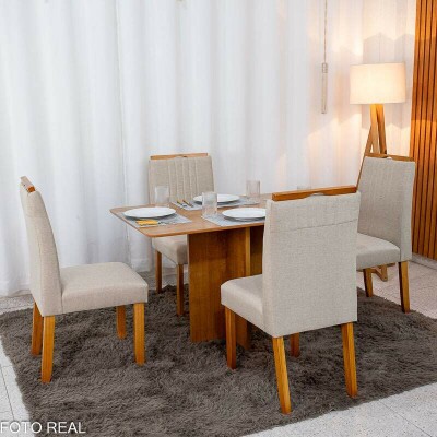 Mesa de Jantar Salina 120x80 Tampo Londres Cinamomo Cel Mveis + 4 Cad. Atlanta Linho Bege Cru Madeira Minas Plac - Entregue Montada